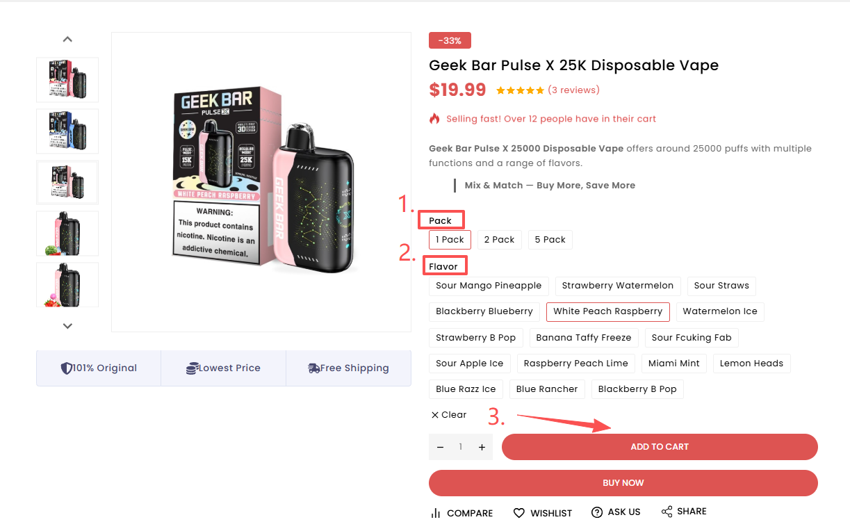 VaporSolo product page showing Pack selection, Flavor selection and Add to Cart button