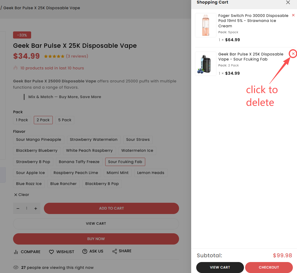 VaporSolo shopping cart showing products, selected Pack and Checkout button