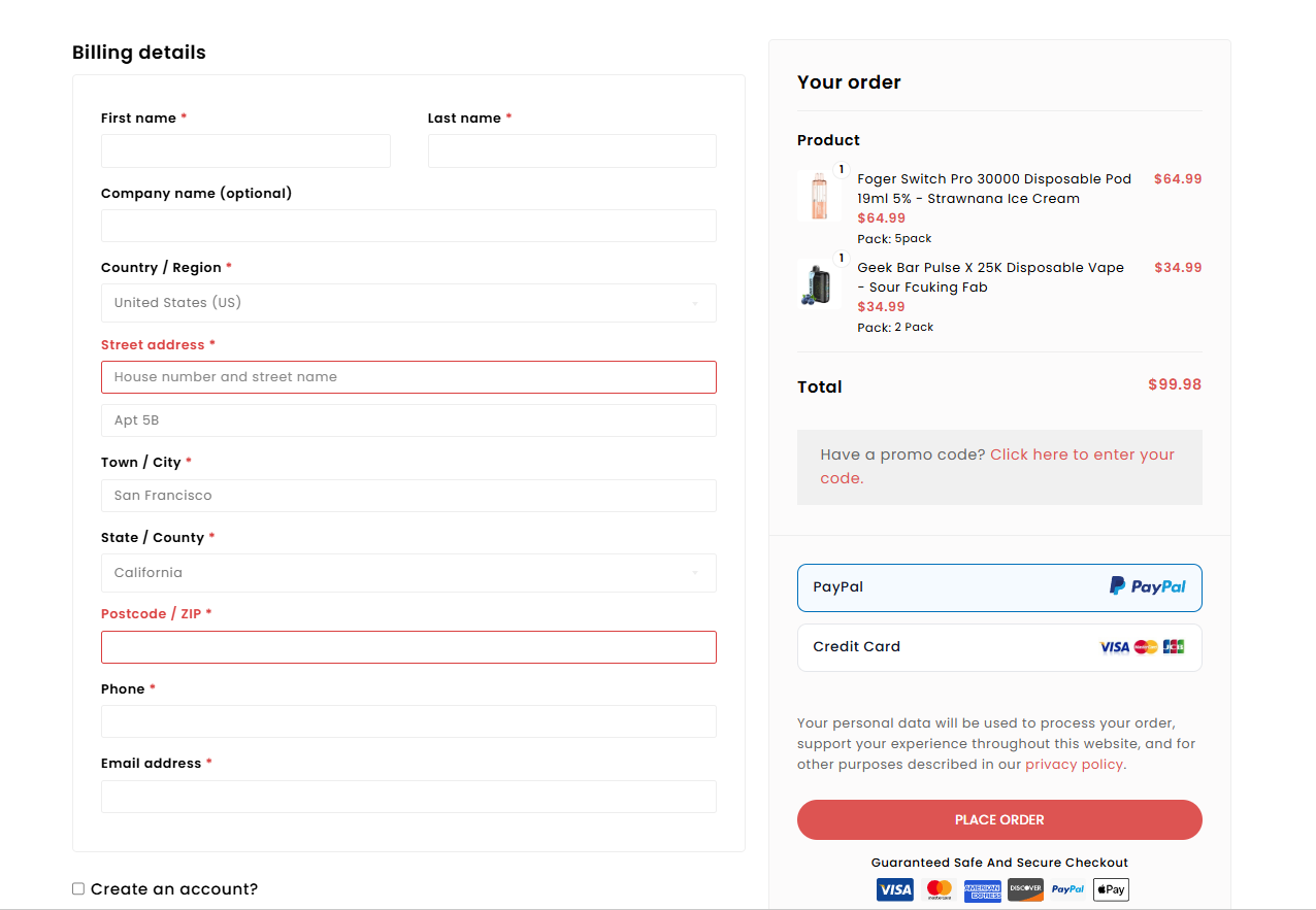 VaporSolo checkout page showing billing details, order summary and Place Order button